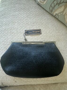 La Regale Black Textured Clutch with Silver-Tone Frame